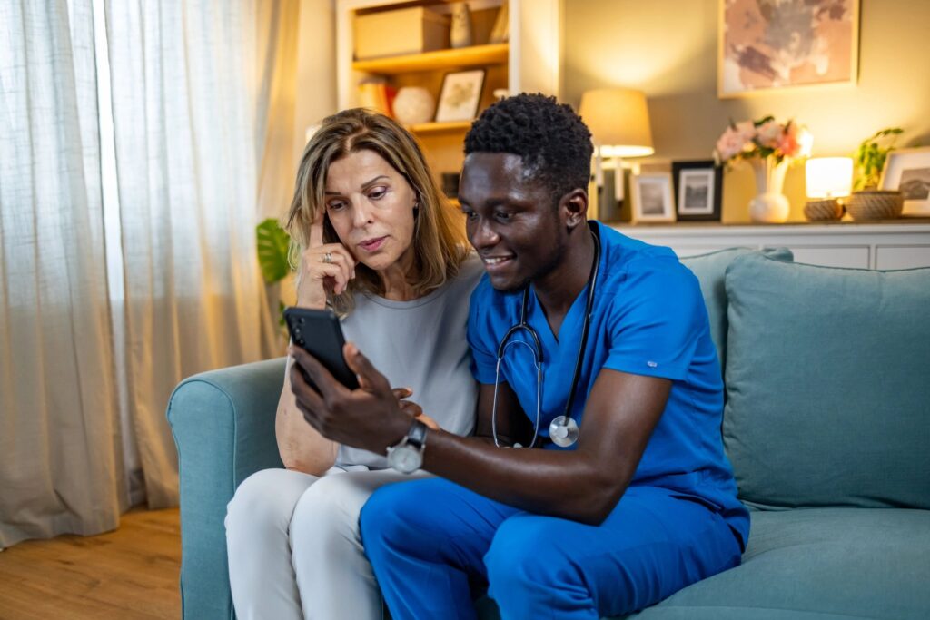 primary care doctor with patient, home visit, telehealth, mental health, diagnostic testing